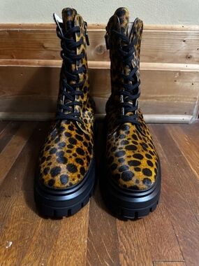 Stuart Weitzman Leopard-Print Lace-Up Combat Boots - Brown/Black